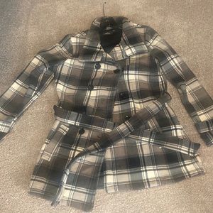 Womens pea jacket. Black and grey tones. 100% polyester, super warm.